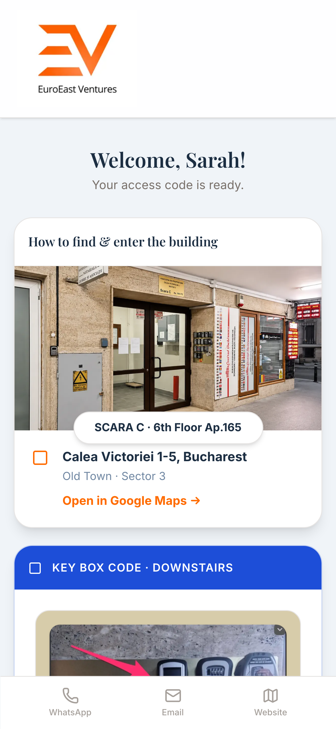 Check-in — access code and building entry